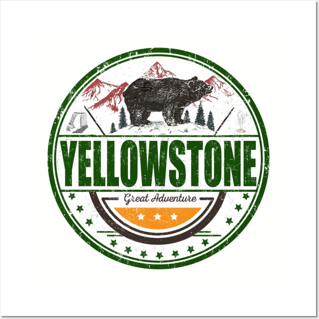 Yellowstone the Great Adventure round design with a bear, geyser, and waterfall Wall Art by Smyrna Buffalo